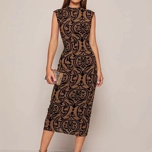 Mock Neck Split Hem Damask Flocked Mesh Dress